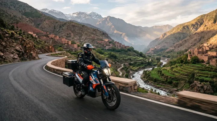 Motard sur la route en lacets de la vallée de l'Ourika, villages berbères en terrasses et sommets enneigés du Haut Atlas
