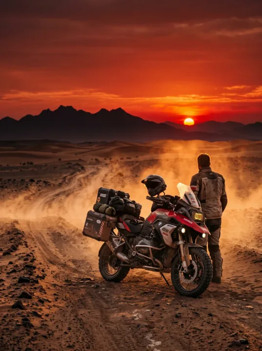 Motard devant sa BMW GS chargée, face au coucher de soleil sur une piste du désert marocain